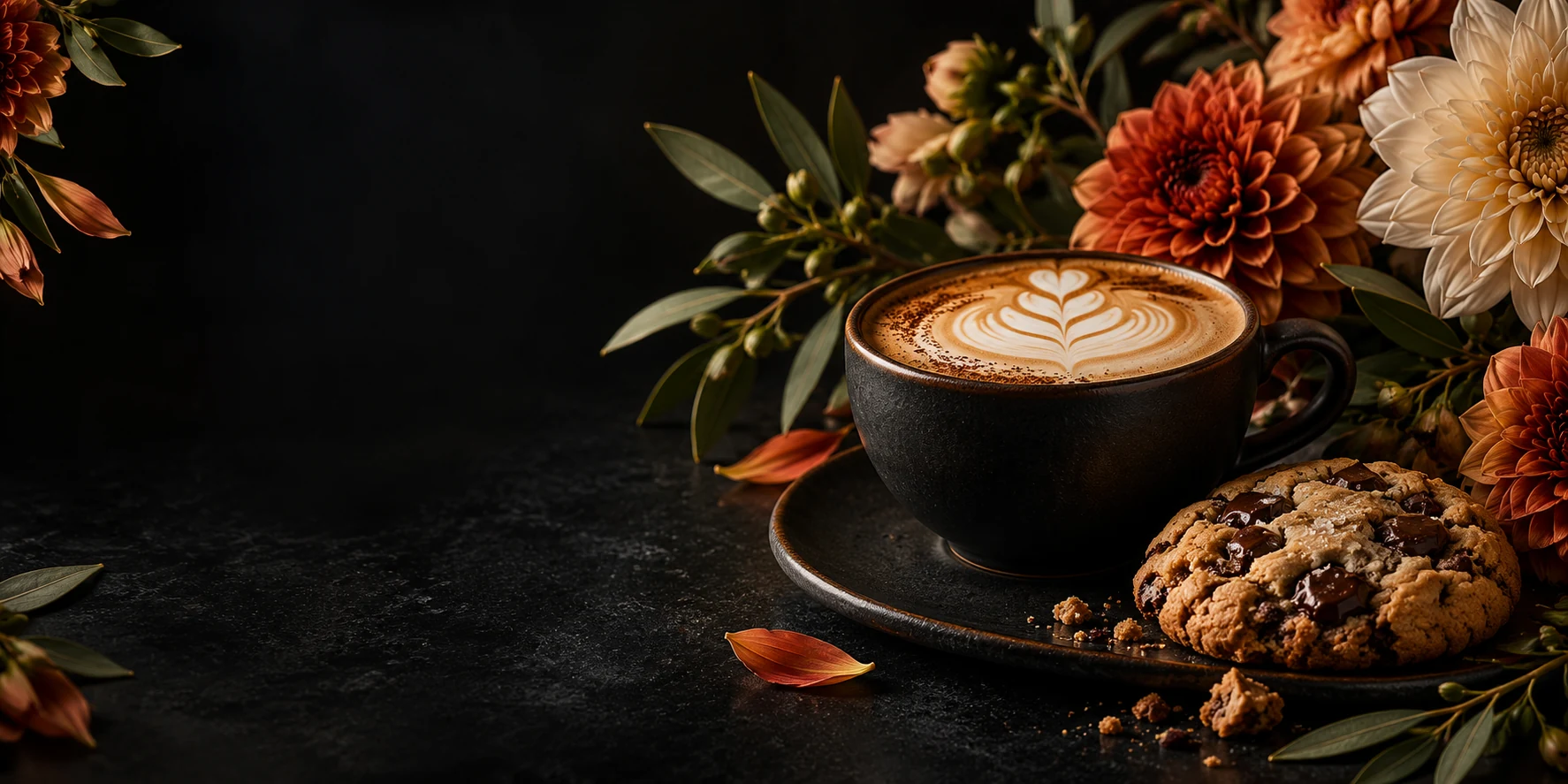 Coffee, cookies and botanical details in Coco’s dark floral style